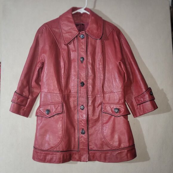Oxblood Red Genuine Leather Jacket Long Women's Size M/L Button 3/4 Sleeve Chic - Picture 11 of 12